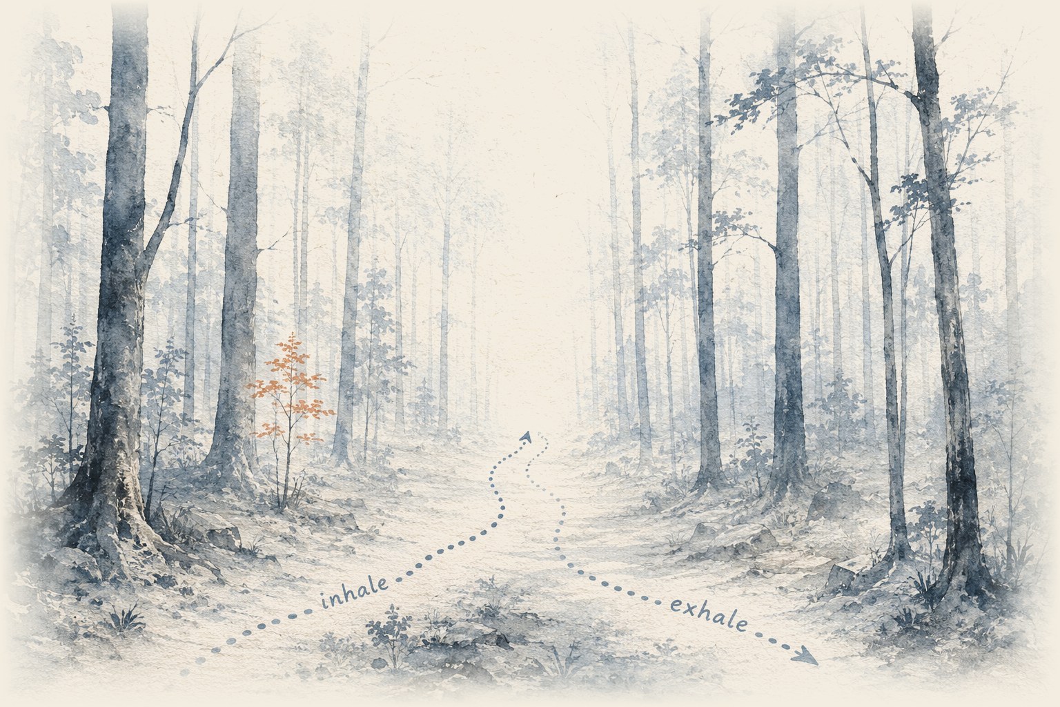 Watercolor drawing of a misty forest path, the inhale leading into the trees and the exhale returning toward the foreground.